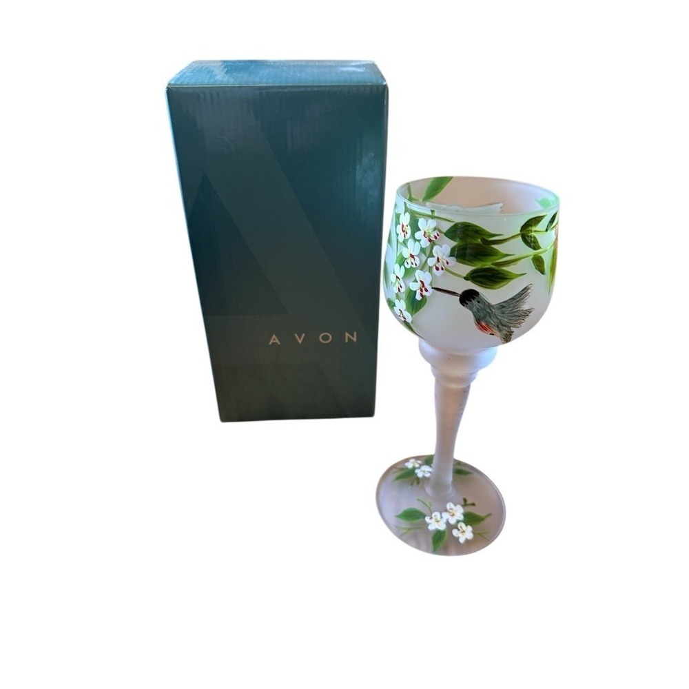 AVON‎ Hand Painted Hummingbird Floral Frosted Stemmed Goblet Wine Glass 8in Vtg